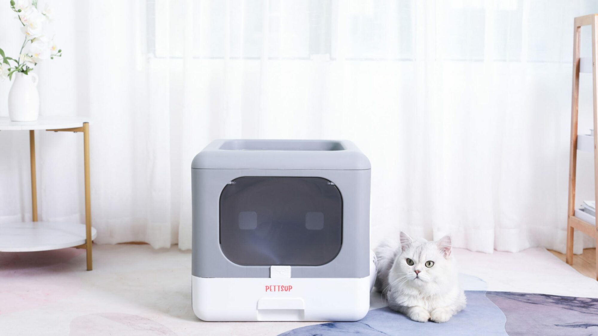 cat sitting beside pettsup robot cube litter box