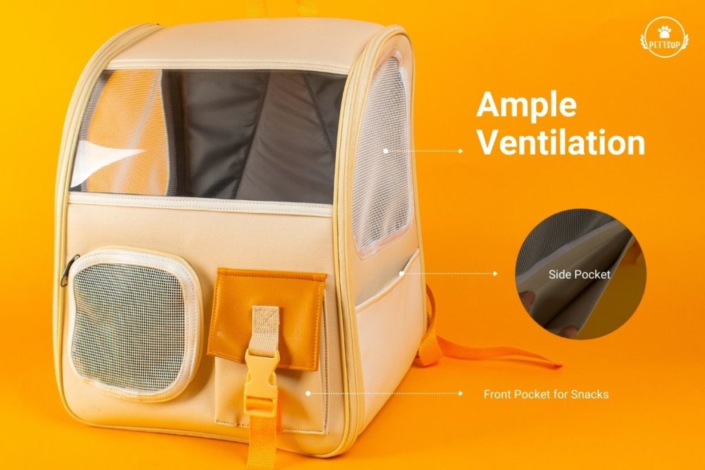 pet carrier with ample ventilation and side and front pockets