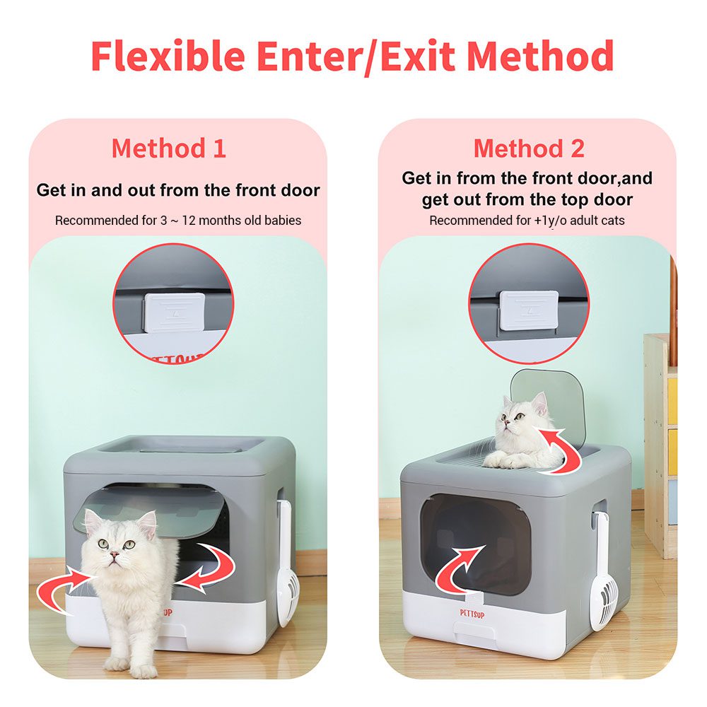Double door cat litter box flexible enter exit method