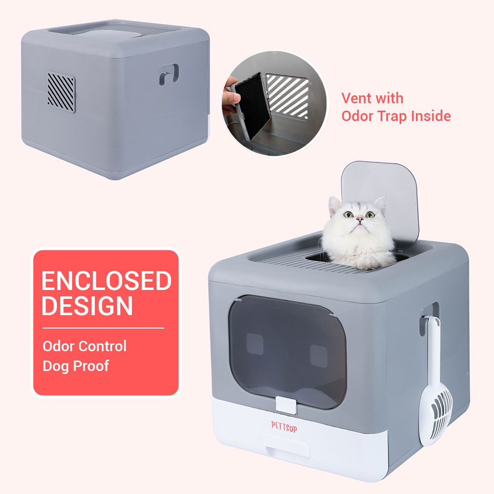 Dog proof enclosed cat litter box with odor trap